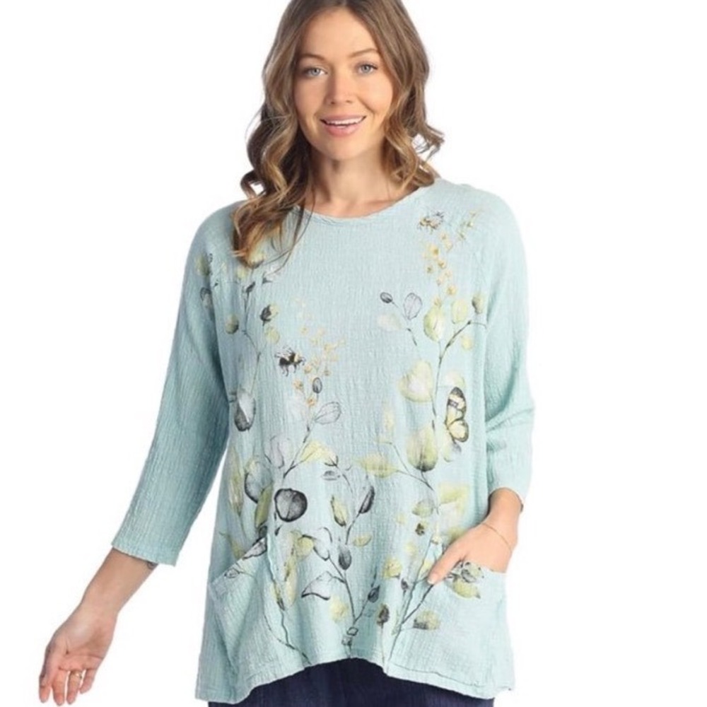 NEW Jess & Jane L, XL Green 100% Cotton Floral Butterfly Tunic Top Pockets